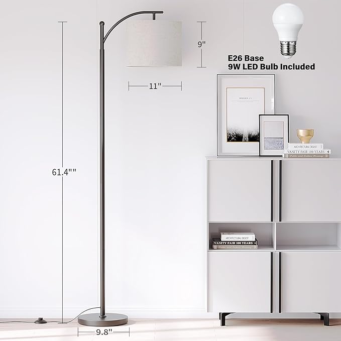 SUNMORY Arc Floor Lamp,Modern Floor Lamp with 9W 3 Color Temperatures Bulb,Metal Standing Lamps with Adjustable Hanging Lampshade,Tall Floor Lamps for Living Room,Bedroom,Office (Black) - LeafyLoom