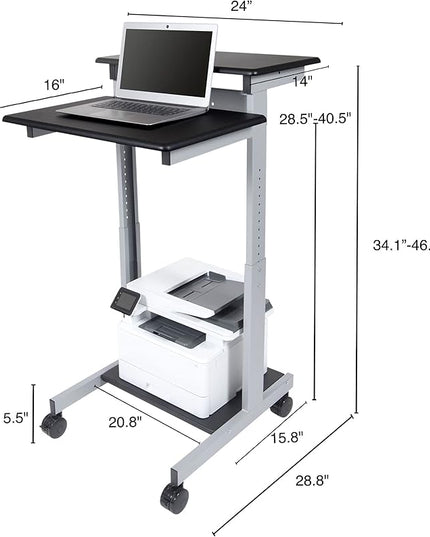 Stand Up Desk Store Rolling Adjustable Height Two Tier Standing Desk Computer Workstation (Silver Frame/Black Top, 24" Wide) - LeafyLoom