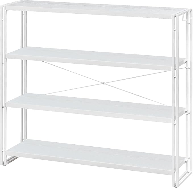 HCHQHS Bookshelf, 4-Tier Industrial Bookcase, White Open Book Shelf, Freestanding Tall Bookshelves with Metal Frame - LeafyLoom