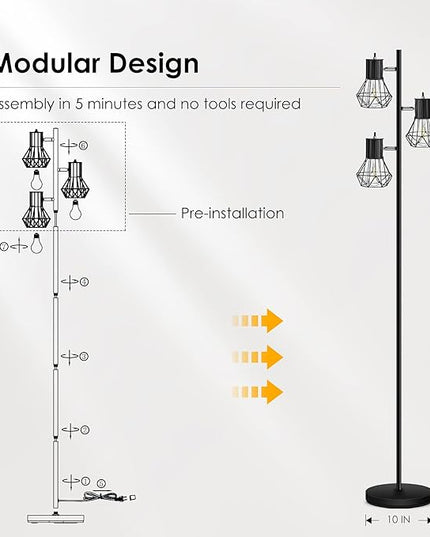 Industrial Floor Lamp, Standing Lamp, Farmhouse Tree Floor Lamp with 3pcs 6W Edison Bulbs, Free Adjustable Cage Heads, Independent Control, Floor Lamp for Living Room, Bedroom, Office, Rustic Home - LeafyLoom