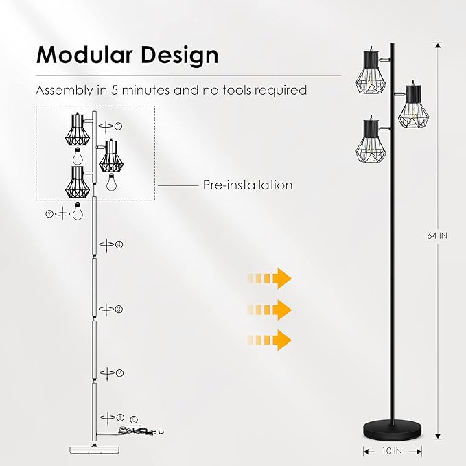 Industrial Floor Lamp, Standing Lamp, Farmhouse Tree Floor Lamp with 3pcs 6W Edison Bulbs, Free Adjustable Cage Heads, Independent Control, Floor Lamp for Living Room, Bedroom, Office, Rustic Home - LeafyLoom