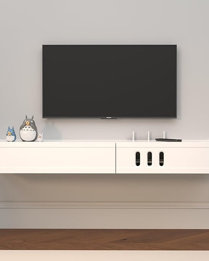 Floating TV Stand in Solid Wood, 52'' High Gloss Wall Mounted TV Cabinet, Floating TV Shelves with 2 Large Doors, Modern Entertainment Media Console Center Large Storage TV Bench (52.36IN) - LeafyLoom