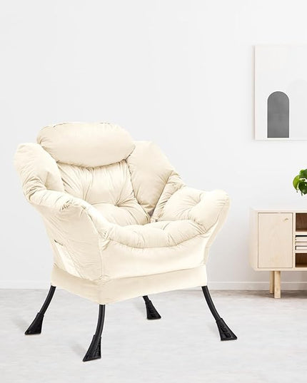 Lazy Chair Thick Padded, Accent Chair Velvet Upholstered with Wide Seat, Stable Metal Frame and Non-Slip Pad, Modern Sofa Armchair with Side Storage Bag for Dorm, Room, Office, Beige - LeafyLoom