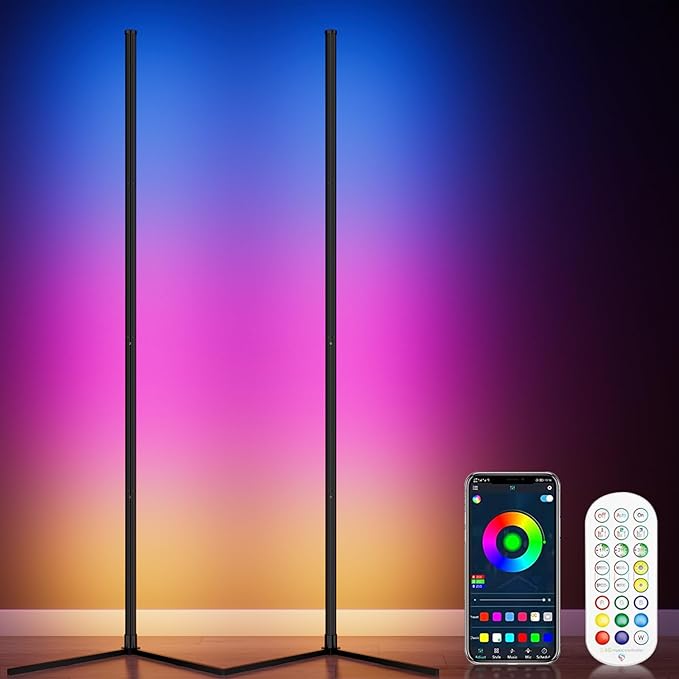 2PCS RGB Corner Floor Lamp, 64.5" RGB Color Changing Mood Light Bluetooth APP and Remote Control Music Sync LED 398 Dimmable Modes Modern Floor Lamp for Living Room, Light Timing - LeafyLoom