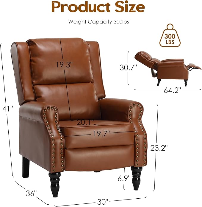 STARY Faux Leather Pushback Recliner Chair for Living Room Bedroom RV, Yellow Brown - LeafyLoom