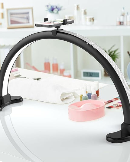 Large Super Bright Half Moon LED Light for Table Nail Desk, Professional Nail Lamp for Desk for Nail Techs with Phone Stand Perfect for Nails Tech Manicure - 45W (Black) - LeafyLoom