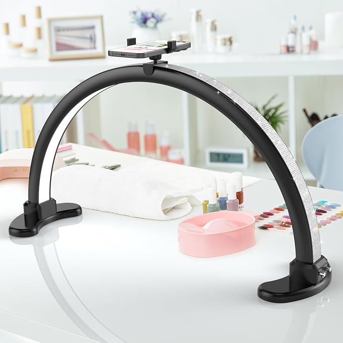 Large Super Bright Half Moon LED Light for Table Nail Desk, Professional Nail Lamp for Desk for Nail Techs with Phone Stand Perfect for Nails Tech Manicure - 45W (Black) - LeafyLoom