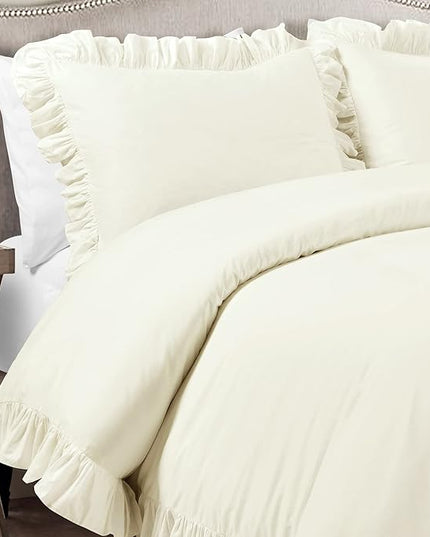 Lush Decor Reyna Ruffle 100% Cotton Duvet Cover Set - 3 Piece Cozy Ruffled Bedding Set - Timeless Elegance and Comfort - Full/ Queen, Ivory - LeafyLoom