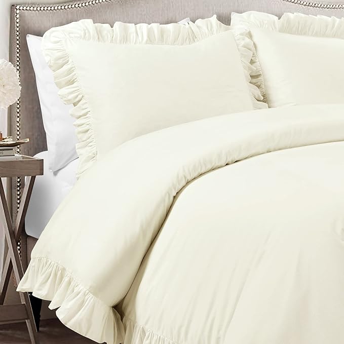 Lush Decor Reyna Ruffle 100% Cotton Duvet Cover Set - 3 Piece Cozy Ruffled Bedding Set - Timeless Elegance and Comfort - Full/ Queen, Ivory - LeafyLoom