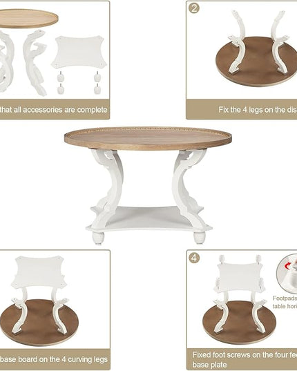 Wnutrees Farmhouse Round Coffee Table,Wood Tray Top Circle Coffee Table with Storage Shelf Rustic Style for Living Room and Vintage Finish,White - LeafyLoom