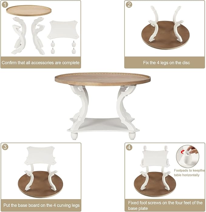 Wnutrees Farmhouse Round Coffee Table,Wood Tray Top Circle Coffee Table with Storage Shelf Rustic Style for Living Room and Vintage Finish,White - LeafyLoom
