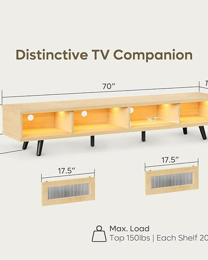 Bestier Mid Century Modern TV Stand for 75 inch TV, LED Entertainment Center with Storage and Sliding Doors, Low Profile TV Consoles for Living Room, White Maple - LeafyLoom