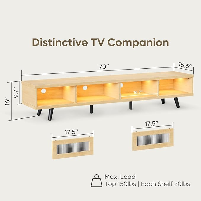Bestier Mid Century Modern TV Stand for 75 inch TV, LED Entertainment Center with Storage and Sliding Doors, Low Profile TV Consoles for Living Room, White Maple - LeafyLoom