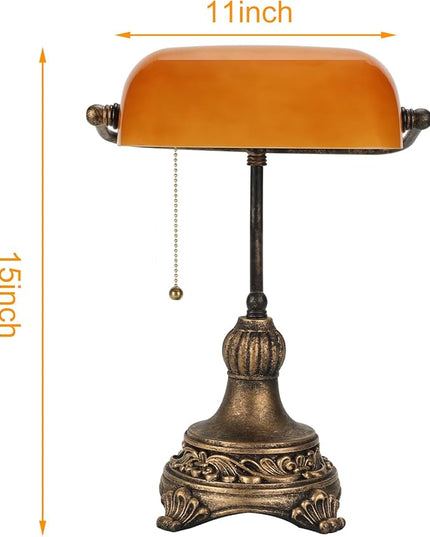 Bankers Lamp with Pull Switch, Amber Glass Desk Lamp with Retro Black/Gold Finish, Vintage Table Lamps for Living Room, Home Office, Library, Piano LED Bulb Included (Amber) - LeafyLoom