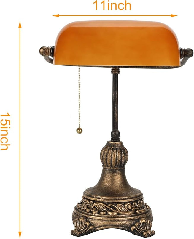 Bankers Lamp with Pull Switch, Amber Glass Desk Lamp with Retro Black/Gold Finish, Vintage Table Lamps for Living Room, Home Office, Library, Piano LED Bulb Included (Amber) - LeafyLoom