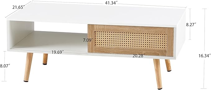 41.34" Mid Century Modern Coffee Table with Storage, Rectangle Wooden Accent Center Sofa Table with Sliding PE Rattan Woven Door Panel and Solid Wood Legs, Suitable for Living Room, Apartment - LeafyLoom