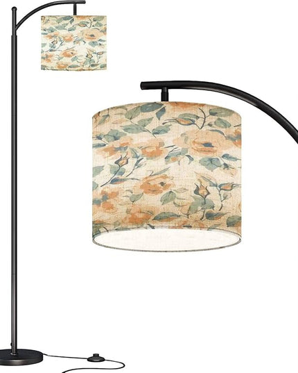 Modern Arc Floor Lamp with Dimmer Mid Century Seamless spring flowers leaves modern pastel summer winter rose floral Metal Standing Lamp with Linen Shade Footswitch for Living Room Bedroom Office - LeafyLoom