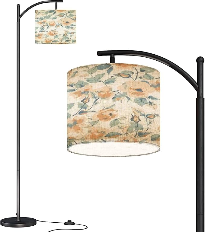 Modern Arc Floor Lamp with Dimmer Mid Century Seamless spring flowers leaves modern pastel summer winter rose floral Metal Standing Lamp with Linen Shade Footswitch for Living Room Bedroom Office - LeafyLoom