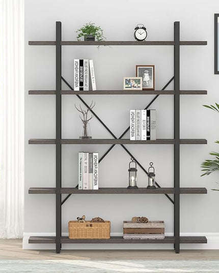 HSH 5 Shelf Bookcases and Book Shelves,Industrial Modern 5 Tier Tall Bookshelf, Rustic Wood and Metal Large Book Shelf for Bedroom Living Room,Vintage Open Wide Vertical Etagere Book Case, Dark Gray - LeafyLoom