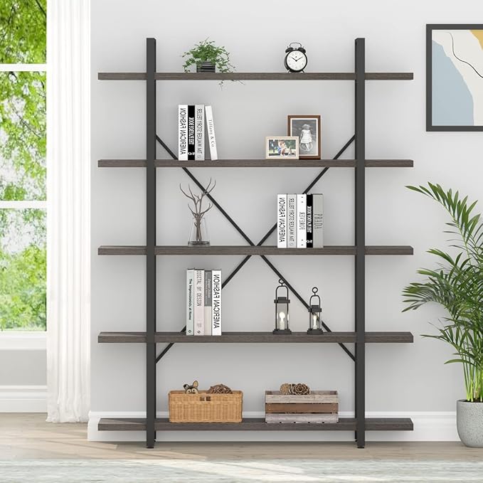 HSH 5 Shelf Bookcases and Book Shelves,Industrial Modern 5 Tier Tall Bookshelf, Rustic Wood and Metal Large Book Shelf for Bedroom Living Room,Vintage Open Wide Vertical Etagere Book Case, Dark Gray - LeafyLoom
