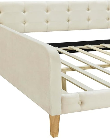 Full Size Velvet Upholstered Dayed with 4 Support Legs,Multifunction Solid Wood Bed Frame,W/A Backrest and Armrests,Easy to Install,for Bedroom Living Room,White - LeafyLoom