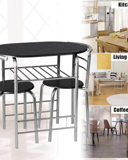 DORTALA 3PCS Dining Table Set, 1 table & 2 chairs set, 3 Piece Compact Dining Set, Oval Table & Mid-back Chairs w/Built-in Wine Rack, Suitable for Small Space, Black & Silver - LeafyLoom