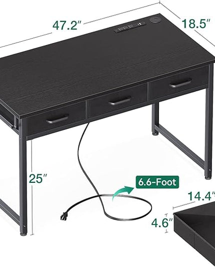AODK 48 Inch Computer Desk with 3 Fabric Drawers, Office Desk with USB/Type-C Charging Ports & Power Outlets, Vanity Desk with Iron Hook for Bedroom, Study/Writing/Work Table for Bedroom, Black - LeafyLoom