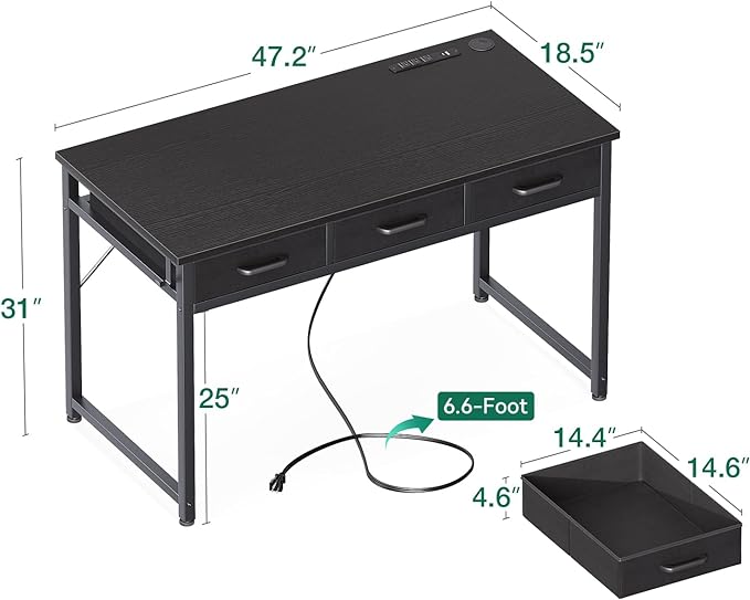 AODK 48 Inch Computer Desk with 3 Fabric Drawers, Office Desk with USB/Type-C Charging Ports & Power Outlets, Vanity Desk with Iron Hook for Bedroom, Study/Writing/Work Table for Bedroom, Black - LeafyLoom