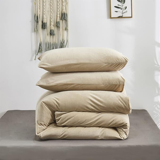 Wellboo Beige Velvet Comforter Sets Full Solid Cream Coffee Fluffy Bedding Comforters Luxury Champagne Flannel Quilts Women Men Light Taupe Fuzzy Blankets Modern Minimalist Khaki Tan Sherpa Plush Bed - LeafyLoom