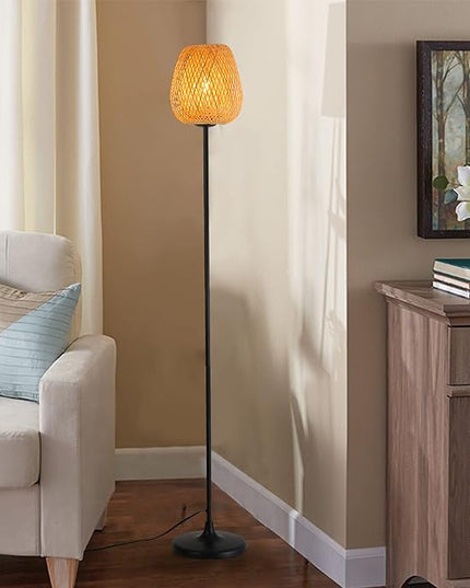 Japanese Style Bamboo Floor Lamp Rattan Handwoven Modern Standing Lighting Black Metal Legs Industrial Vintage Farmhouse Tall Floor Light Fixture for Living Room, Bedroom,Office Without E26 Bulb - LeafyLoom