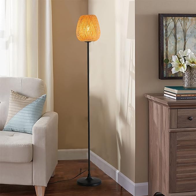 Japanese Style Bamboo Floor Lamp Rattan Handwoven Modern Standing Lighting Black Metal Legs Industrial Vintage Farmhouse Tall Floor Light Fixture for Living Room, Bedroom,Office Without E26 Bulb - LeafyLoom
