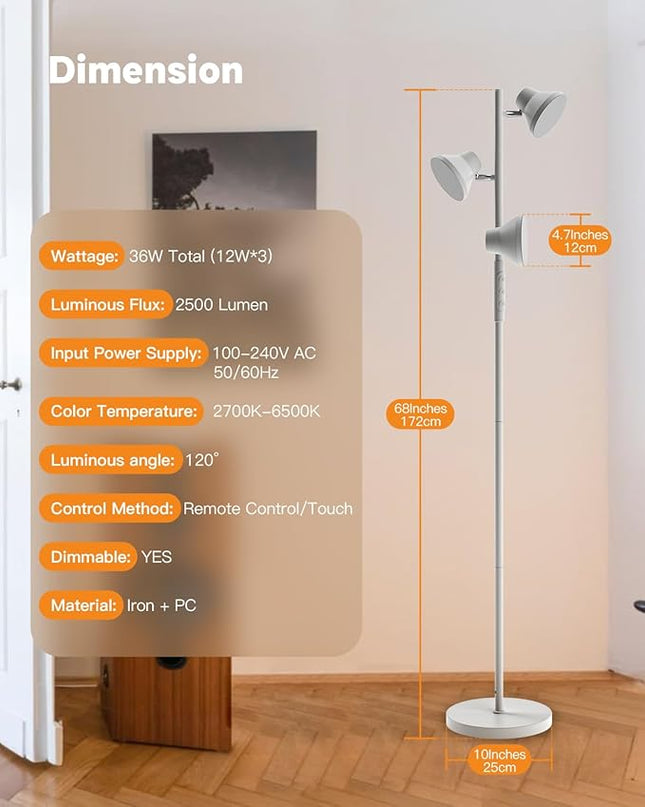 LED Tree Floor Lamp Silver, 36W Super Bright Standing Lamp with Remote Control, 4 Color Temperatures, 3 Rotatable LED Lights, Dimmable Floor Lamps for Living Room, Bedroom, Office - LeafyLoom