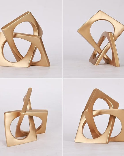 Modern geometric cube gold knot decorations, modern home gold decorative statues, gold home bookcase centerpieces for tabletop decor, console, entryway, dining table centerpieces with gold knots - LeafyLoom