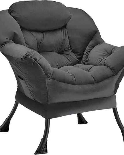 Fabric Lazy Chair Large Accent Chair,Velvet Frabic Modern Lounge Reading Chair with Armrests & Side Pocket,Upholstered Armchair for Living Room,Bedroom,Dorm,Dark Grey - LeafyLoom