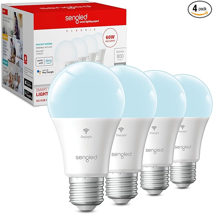 Sengled G2 Smart Light Bulbs That Compatible with Alexa & Google Assistant, Wi-Fi & Bluetooth LED Light Bulbs Dimmable, Led Bulbs 5000K Daylight, No Hub Required, 60W Equiv. 800LM CRI>90, 4 Pack Sengled