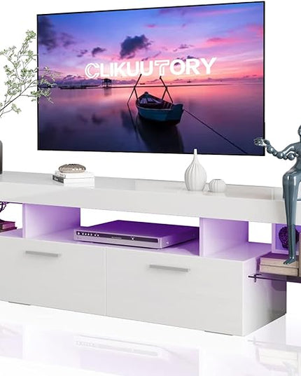 Clikuutory Modern LED 63 inch Long TV Stand with Large Storage Drawer for 50 55 60 65 70 75 Inch TVs, White Wood TV Console with High Glossy Entertainment Center for Living Room, Bedroom, White - LeafyLoom