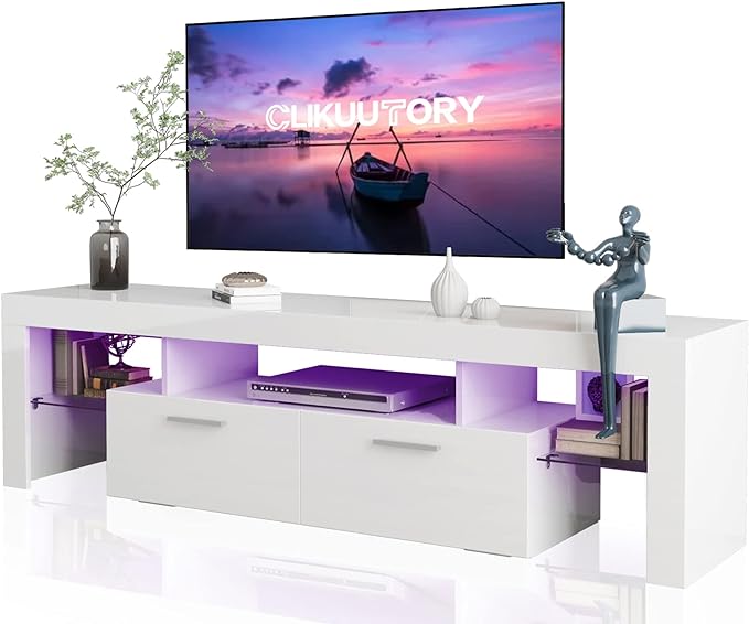 Clikuutory Modern LED 63 inch Long TV Stand with Large Storage Drawer for 50 55 60 65 70 75 Inch TVs, White Wood TV Console with High Glossy Entertainment Center for Living Room, Bedroom, White - LeafyLoom
