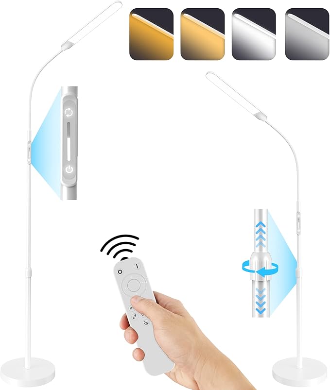 NXONE Led Floor Lamp,Modern Reading Adjustable Standing Height 4 Colors and Stepless Brightness Work Lamp for Living Room Bedroom Reading, White - LeafyLoom