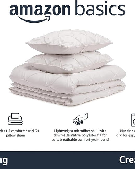 Amazon Basics All-Season Down-Alternative Comforter 3-Piece Bedding Set, Pinch Pleat, King, Pinch-Pleat With Piped Edges, Cream - LeafyLoom