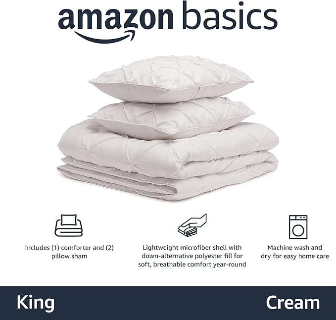 Amazon Basics All-Season Down-Alternative Comforter 3-Piece Bedding Set, Pinch Pleat, King, Pinch-Pleat With Piped Edges, Cream - LeafyLoom