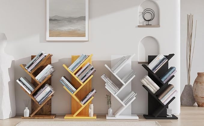 YMYNY 4 Tier Tree Bookshelf, Small Bookcase, Modern Wood Book Storage Rack, Freestanding Book shelf for Books/Movies/CDs, Narrow Display Rack for Living Room, Home Office, Black UHBC014B - LeafyLoom