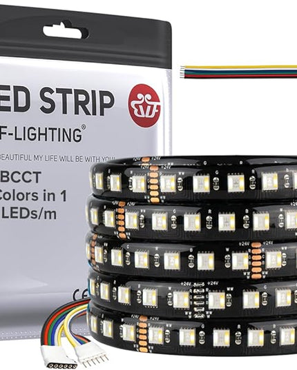 BTF-LIGHTING RGBCCT 5 Colors in 1 LED Tape Lights 5050SMD RGBWW RGB+Dimmable Color Temperature 2700K-6500K 16.4ft 96LED/m 480LED IP65 DC24V Black PCB for Home Decoration(No Adapter or Controller) BTF-LIGHTING