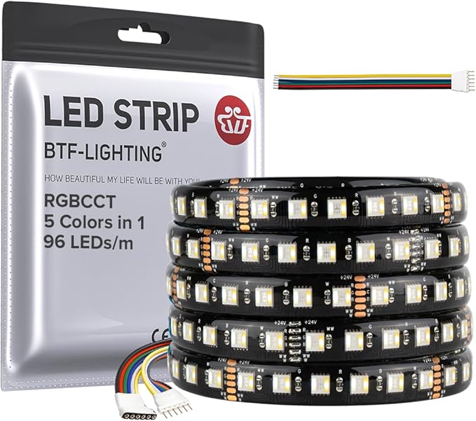 BTF-LIGHTING RGBCCT 5 Colors in 1 LED Tape Lights 5050SMD RGBWW RGB+Dimmable Color Temperature 2700K-6500K 16.4ft 96LED/m 480LED IP65 DC24V Black PCB for Home Decoration(No Adapter or Controller) BTF-LIGHTING