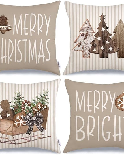 GEEORY Christmas Pillow Covers 16 x 16 Inch Set of 4, Striped Wooden Tree Snow Sleigh Merry Bright Xmas Holiday Decor Decorative Throw Cushion Case Decoration for Home Party Sofa Couch (Brown) GEEORY