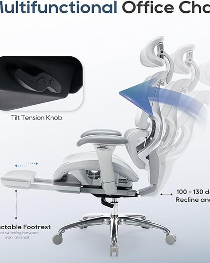 Ergonomic Mesh Office Chair with Footrest, Executive High Back Computer Desk Chair with Wide Headrest and Adjustable 3D Arms, Backrest, Tilt Lock and Lumbar Support-Grey - LeafyLoom