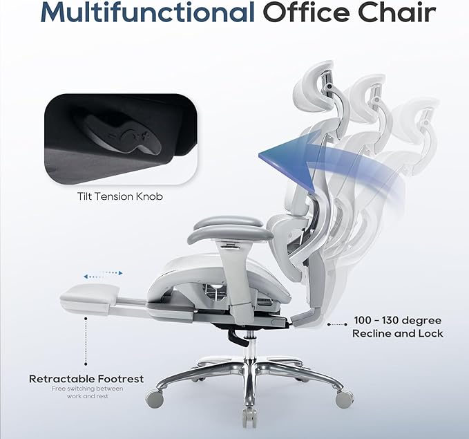 Ergonomic Mesh Office Chair with Footrest, Executive High Back Computer Desk Chair with Wide Headrest and Adjustable 3D Arms, Backrest, Tilt Lock and Lumbar Support-Grey - LeafyLoom
