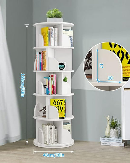 Nisorpa 5 Tier Rotating Bookshelf, 360° Revolving Bookcase Rotating Stackable Shelves Floor-Standing Storage Display Rack Used in Bedrooms Living Rooms Study Office (63"x18"x18") - LeafyLoom