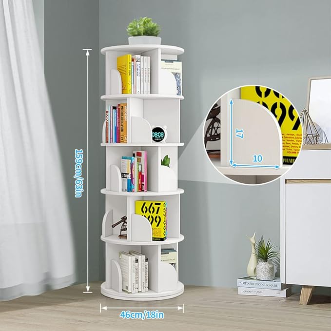 Nisorpa 5 Tier Rotating Bookshelf, 360° Revolving Bookcase Rotating Stackable Shelves Floor-Standing Storage Display Rack Used in Bedrooms Living Rooms Study Office (63"x18"x18") - LeafyLoom