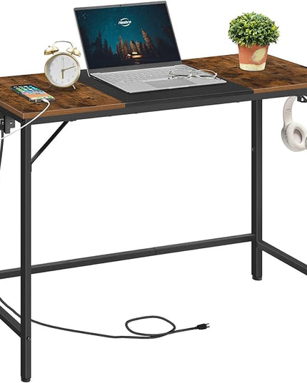HOOBRO Computer Desk, Home Office Desk with Power Outlet, Modern Study Writing Desk with 3 Hooks for Study Room, Home Office, Sturdy and Stable, Easy to Assemble, Rustic Brown and Black BF41UDN01 - LeafyLoom