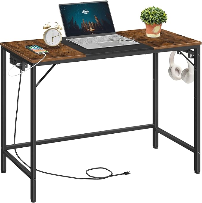 HOOBRO Computer Desk, Home Office Desk with Power Outlet, Modern Study Writing Desk with 3 Hooks for Study Room, Home Office, Sturdy and Stable, Easy to Assemble, Rustic Brown and Black BF41UDN01 - LeafyLoom